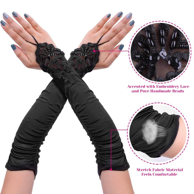 cridoz Flapper Accessories, 1920s Gatsby Accessories for Women Includes Flapper Headbands Necklace Gloves Black - Image 4